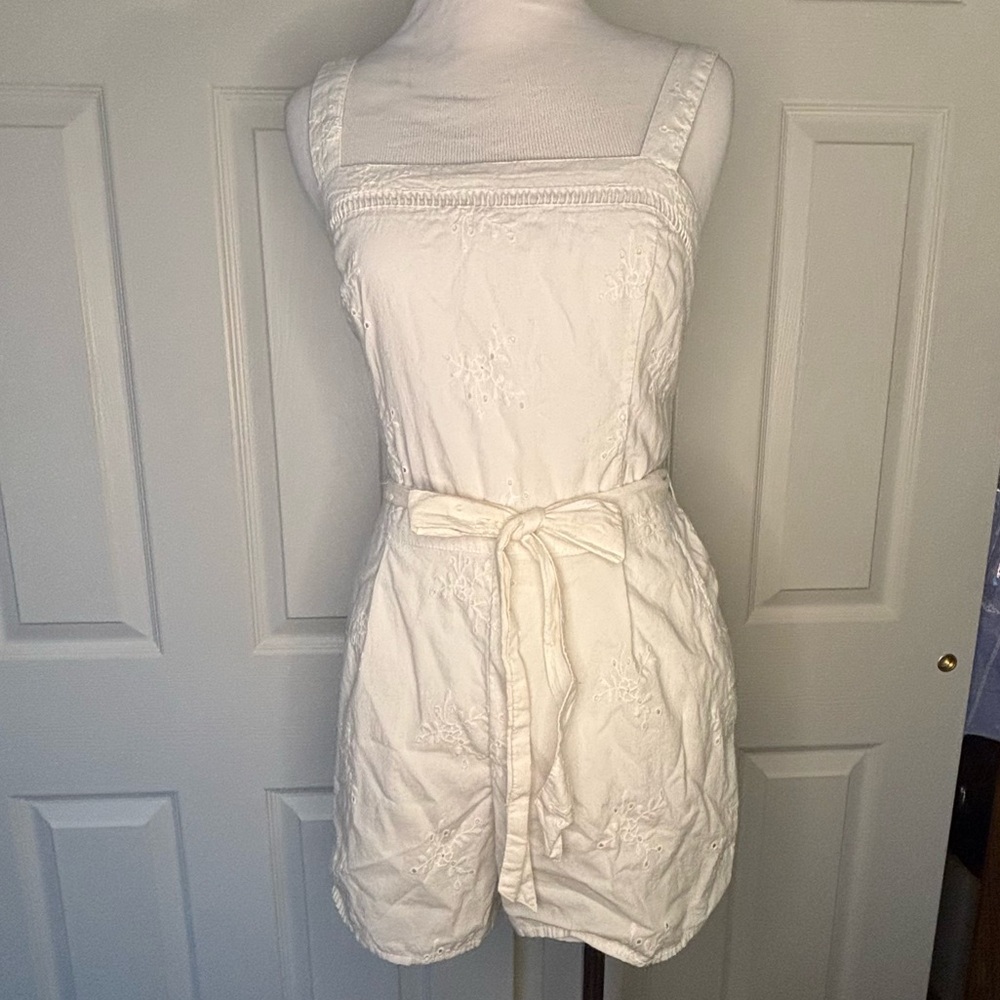 Hollister White Smocked Romper with Eyelet Embroidery